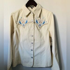 Reba Womens Large Jacket Off White Denim W/Bling Stretchy Material W/Tag